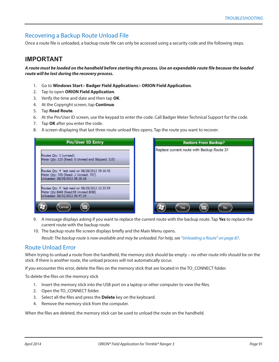 Route, Recovering a backup route unload file, Imnootao i | Route unload error | Badger Meter ORION AMR/AMI Hardware Solutions for Gas Utilities User Manual | Page 91 / 96