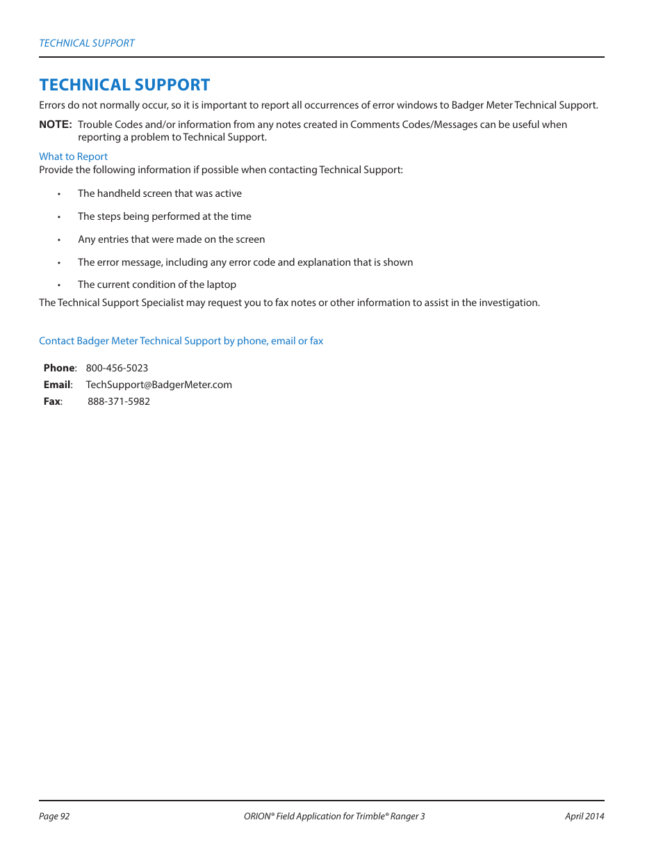 Technical support | Badger Meter ORION AMR/AMI Hardware Solutions for Gas Utilities User Manual | Page 92 / 96
