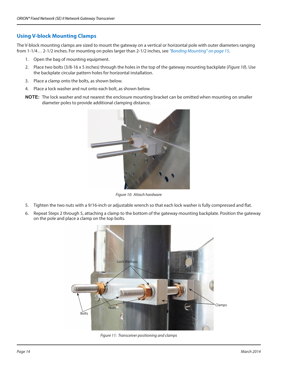 Using v-block mounting clamps | Badger Meter ORION AMR/AMI Hardware Solutions for Gas Utilities User Manual | Page 14 / 48