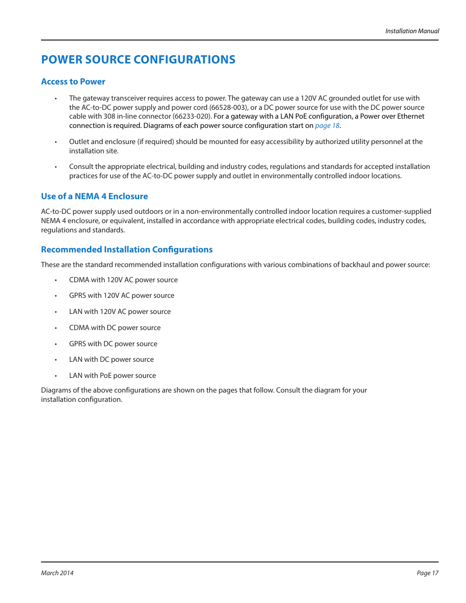 Power source configurations, Access to power, Use of a nema 4 enclosure | Recommended installation configurations, Power source configurttions | Badger Meter ORION AMR/AMI Hardware Solutions for Gas Utilities User Manual | Page 17 / 48