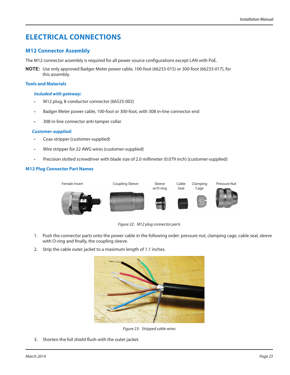 Electrical connections, M12 connector assembly, Electrictl connections | M12 connector tssembly | Badger Meter ORION AMR/AMI Hardware Solutions for Gas Utilities User Manual | Page 23 / 48
