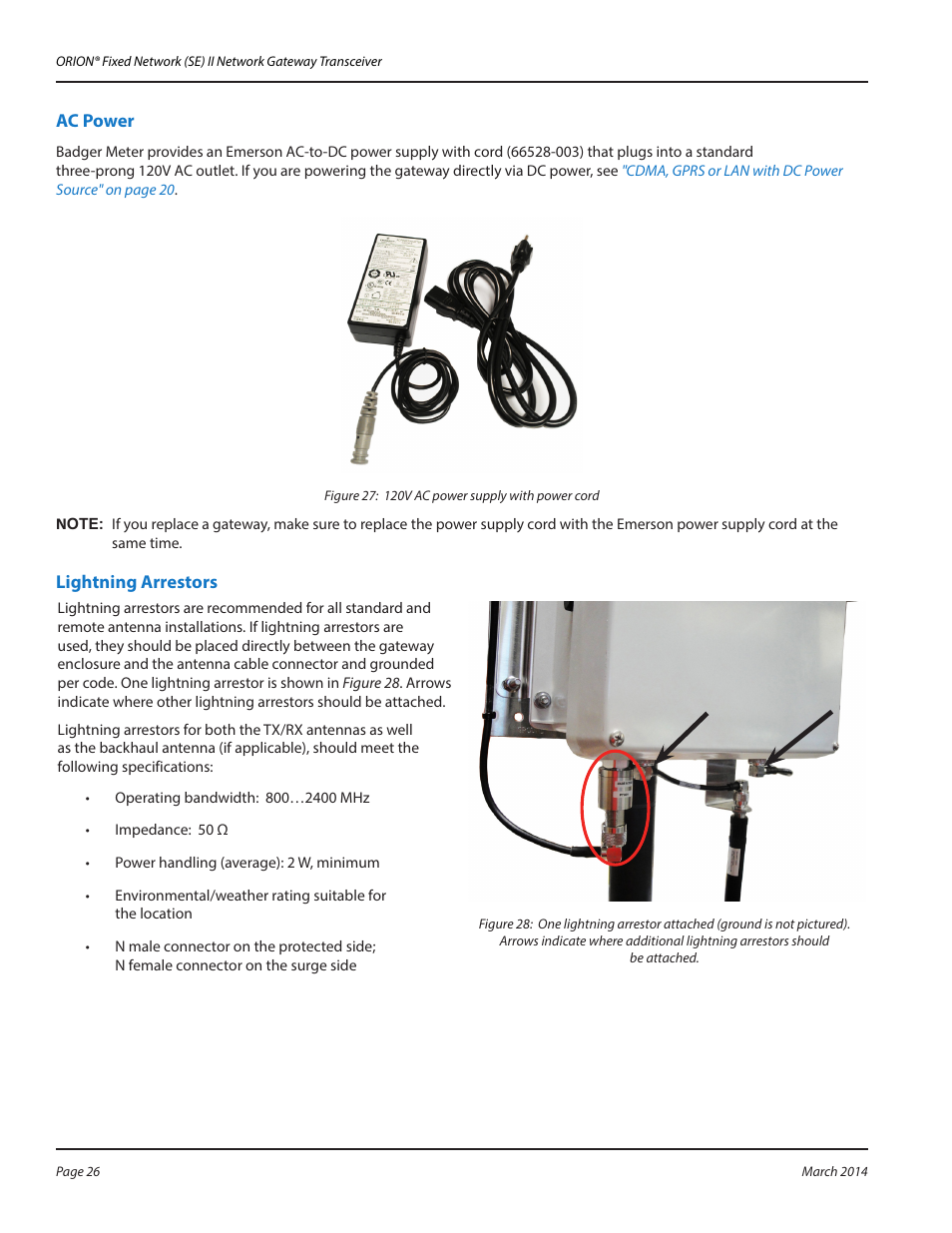 Ac power, Lightning arrestors | Badger Meter ORION AMR/AMI Hardware Solutions for Gas Utilities User Manual | Page 26 / 48