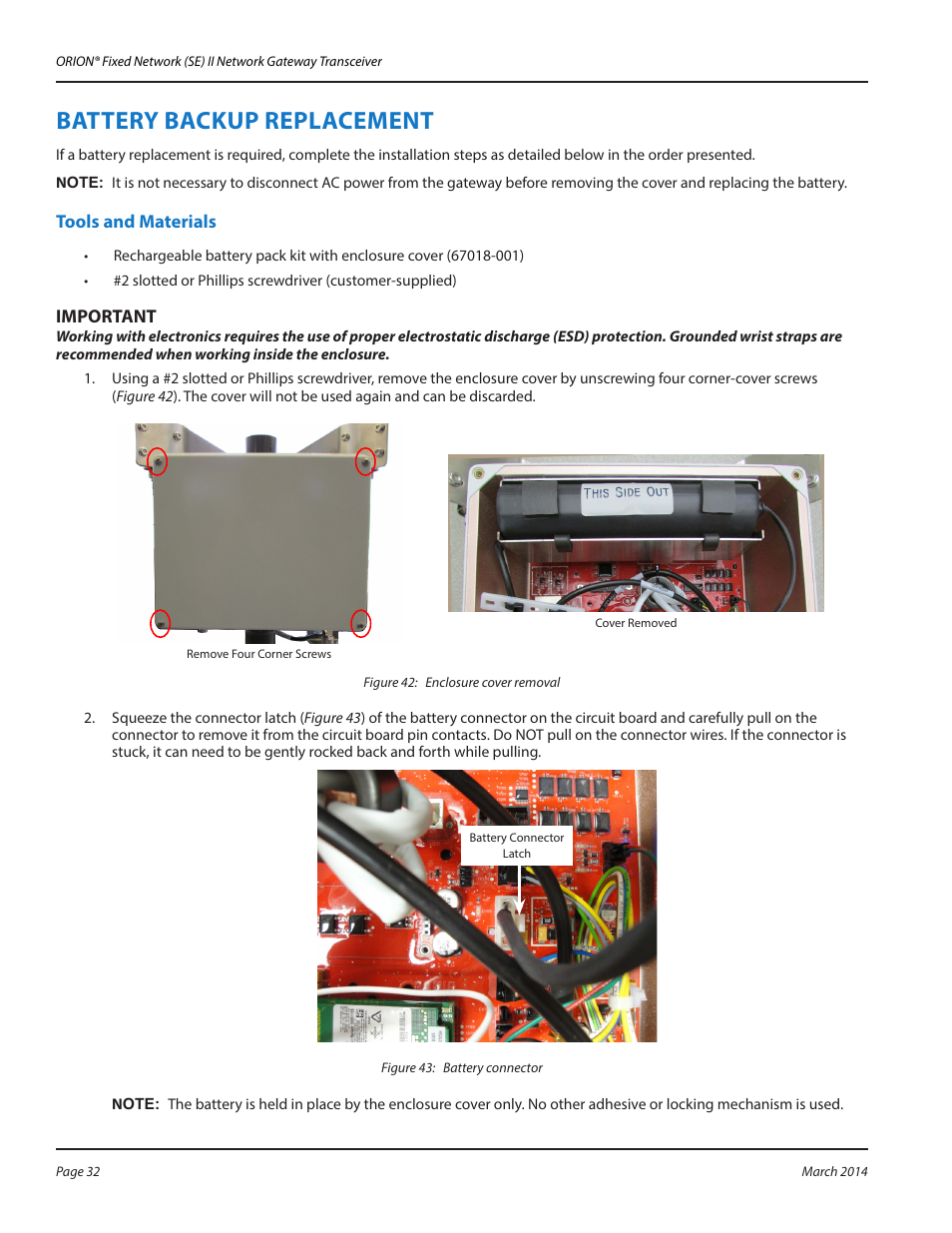 Battery backup replacement, Tools and materials, Btttery btckup repltcement | Badger Meter ORION AMR/AMI Hardware Solutions for Gas Utilities User Manual | Page 32 / 48