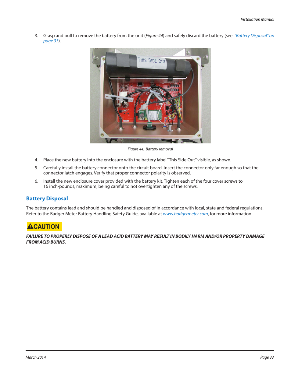 Battery disposal | Badger Meter ORION AMR/AMI Hardware Solutions for Gas Utilities User Manual | Page 33 / 48