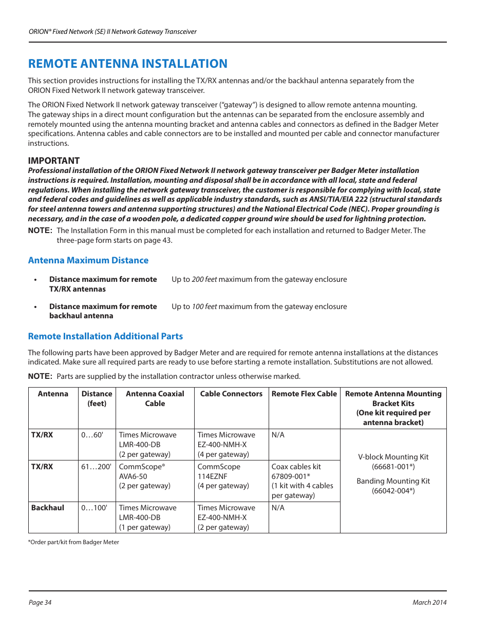Remote antenna installation, Antenna maximum distance, Remote installation additional parts | Tion, see, Remote antenna, In the a, Remote tntennt insttllttion | Badger Meter ORION AMR/AMI Hardware Solutions for Gas Utilities User Manual | Page 34 / 48