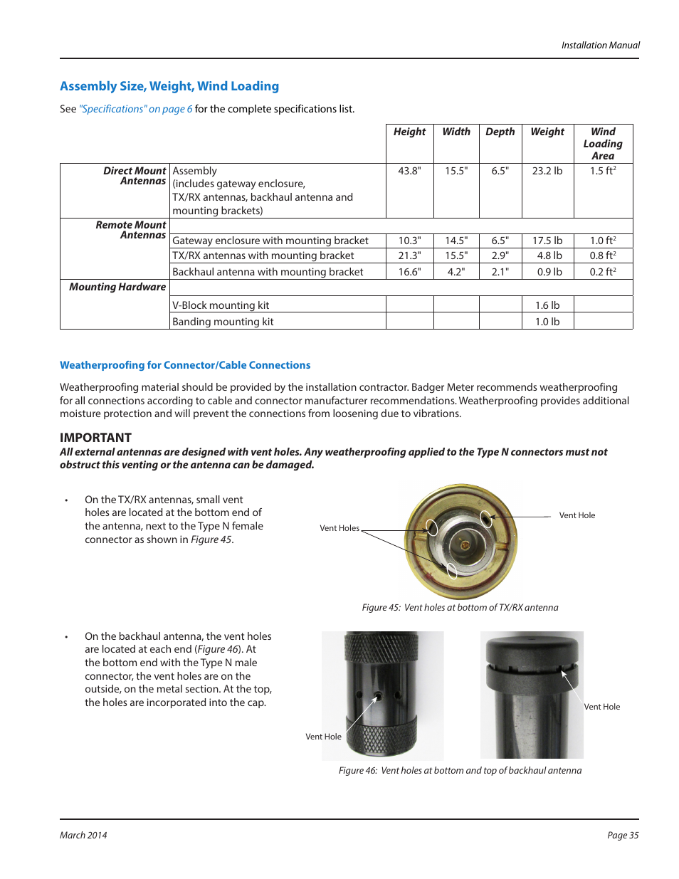 Assembly size, weight, wind loading | Badger Meter ORION AMR/AMI Hardware Solutions for Gas Utilities User Manual | Page 35 / 48