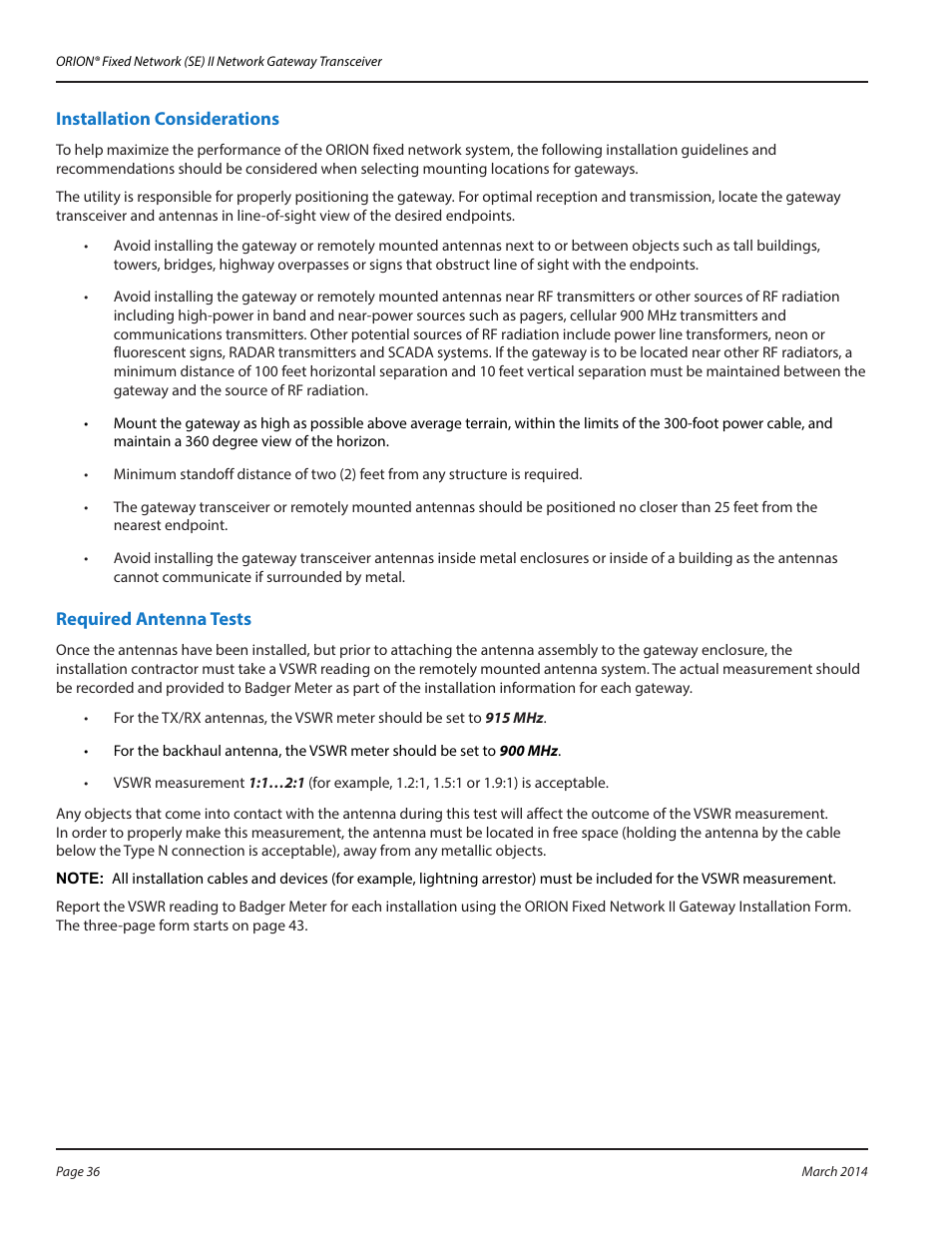 Installation considerations, Required antenna tests | Badger Meter ORION AMR/AMI Hardware Solutions for Gas Utilities User Manual | Page 36 / 48