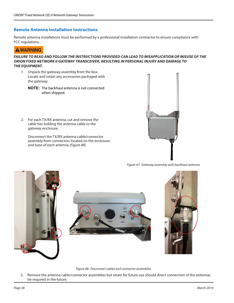 Remote antenna installation instructions | Badger Meter ORION AMR/AMI Hardware Solutions for Gas Utilities User Manual | Page 38 / 48