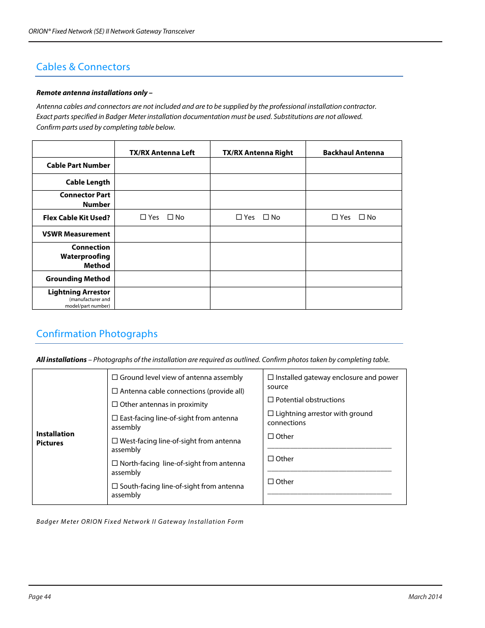 Cables & connectors, Confirmation photographs | Badger Meter ORION AMR/AMI Hardware Solutions for Gas Utilities User Manual | Page 44 / 48