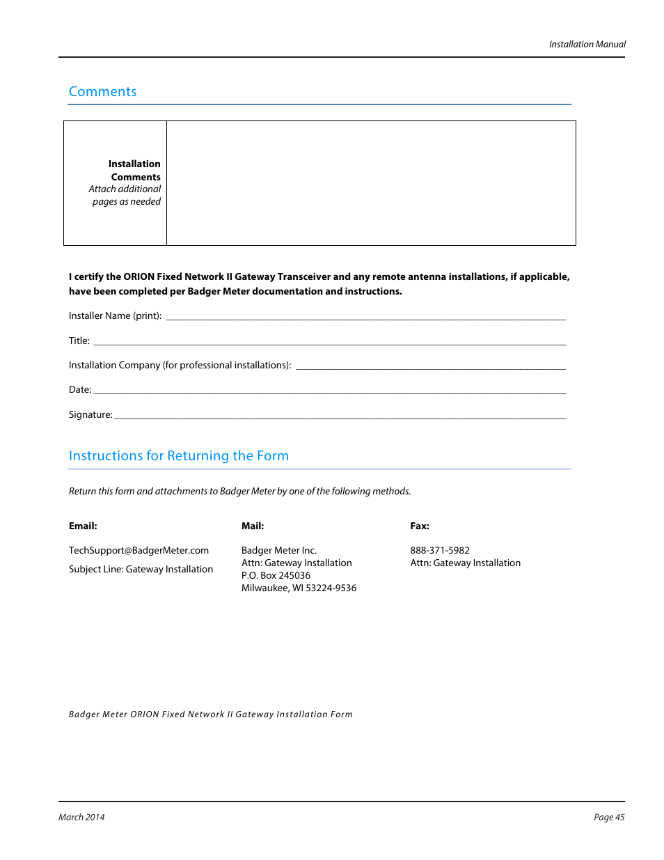 Comments, Instructions for returning the form | Badger Meter ORION AMR/AMI Hardware Solutions for Gas Utilities User Manual | Page 45 / 48
