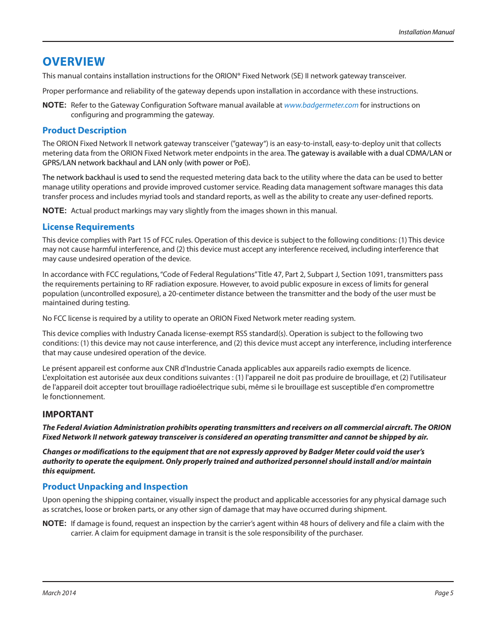 Overview, Product description, License requirements | Product unpacking and inspection | Badger Meter ORION AMR/AMI Hardware Solutions for Gas Utilities User Manual | Page 5 / 48