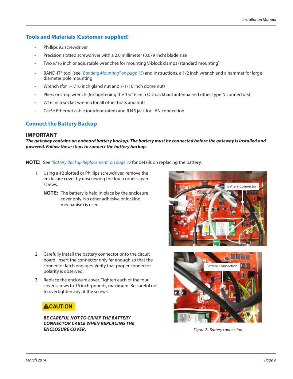 Tools and materials (customer-supplied), Connect the battery backup | Badger Meter ORION AMR/AMI Hardware Solutions for Gas Utilities User Manual | Page 9 / 48