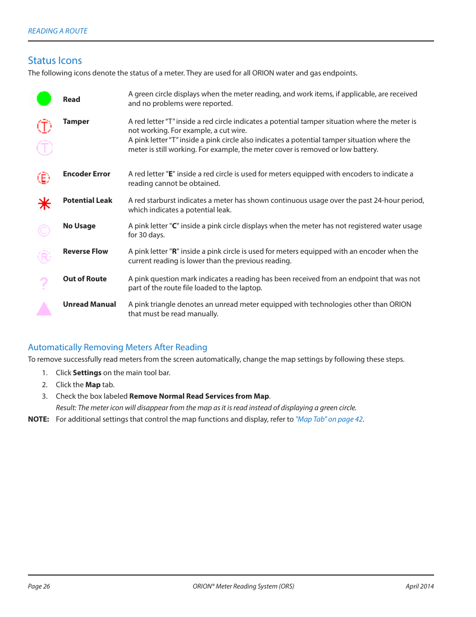 Status icons | Badger Meter ORION AMR/AMI Hardware Solutions for Gas Utilities User Manual | Page 26 / 72