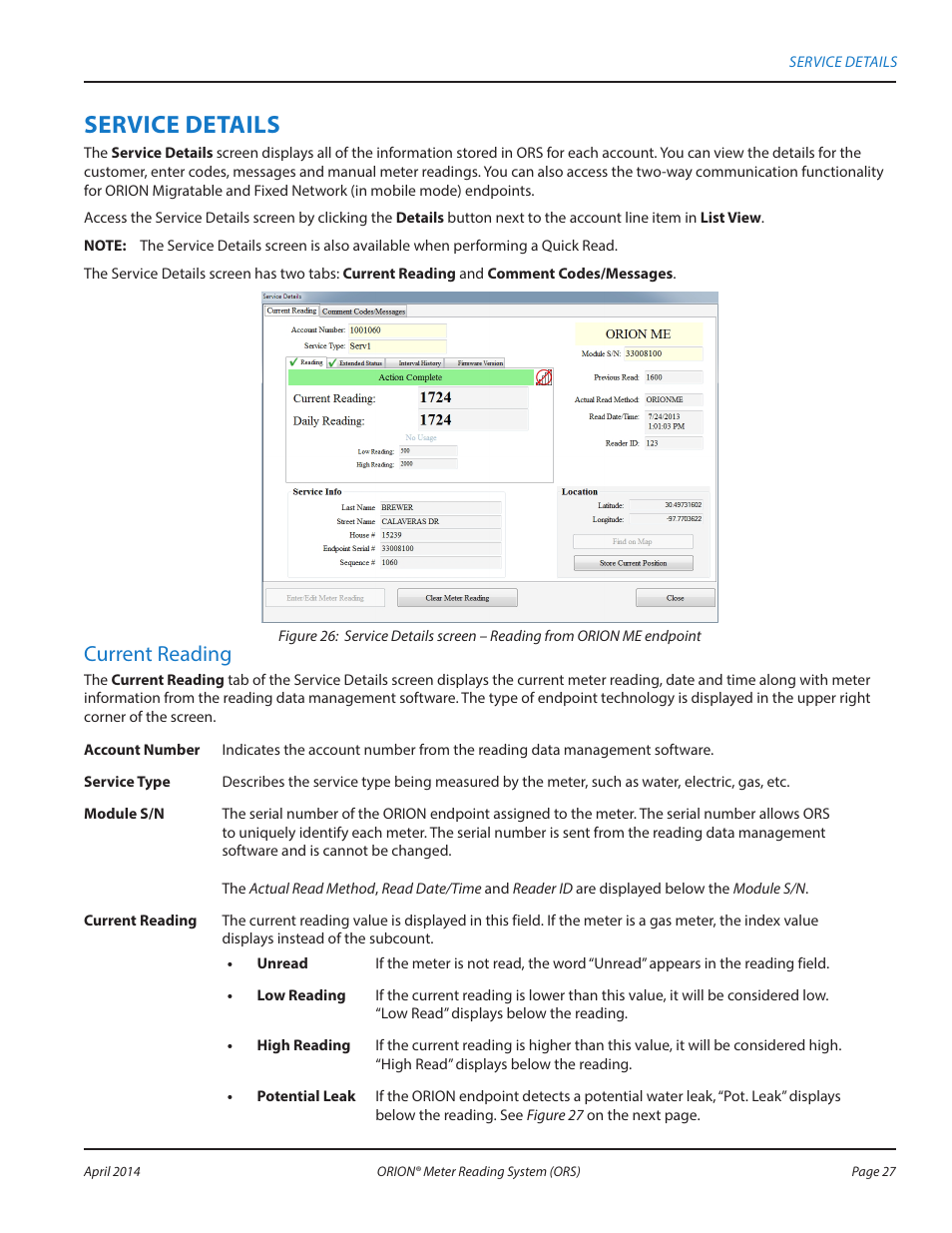 Service details, Current reading | Badger Meter ORION AMR/AMI Hardware Solutions for Gas Utilities User Manual | Page 27 / 72