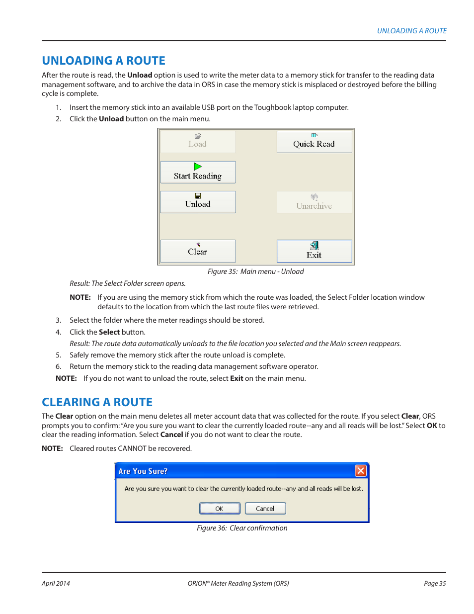 Unloading a route, Clearing a route | Badger Meter ORION AMR/AMI Hardware Solutions for Gas Utilities User Manual | Page 35 / 72