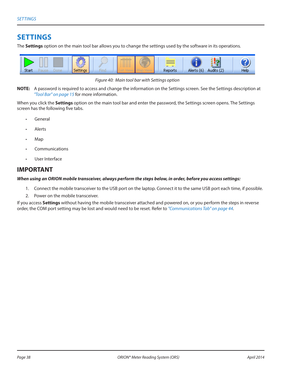 Settings, Mportant i | Badger Meter ORION AMR/AMI Hardware Solutions for Gas Utilities User Manual | Page 38 / 72