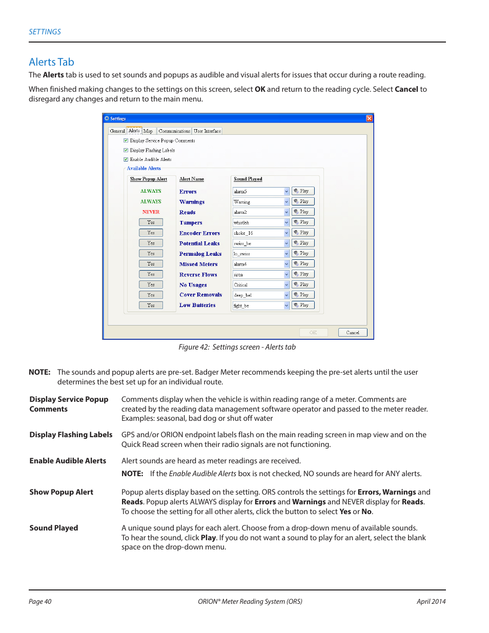 Alerts tab | Badger Meter ORION AMR/AMI Hardware Solutions for Gas Utilities User Manual | Page 40 / 72