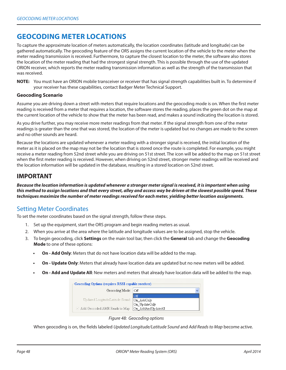 Geocoding meter locations, Mportant i, Setting meter coordinates | Badger Meter ORION AMR/AMI Hardware Solutions for Gas Utilities User Manual | Page 48 / 72