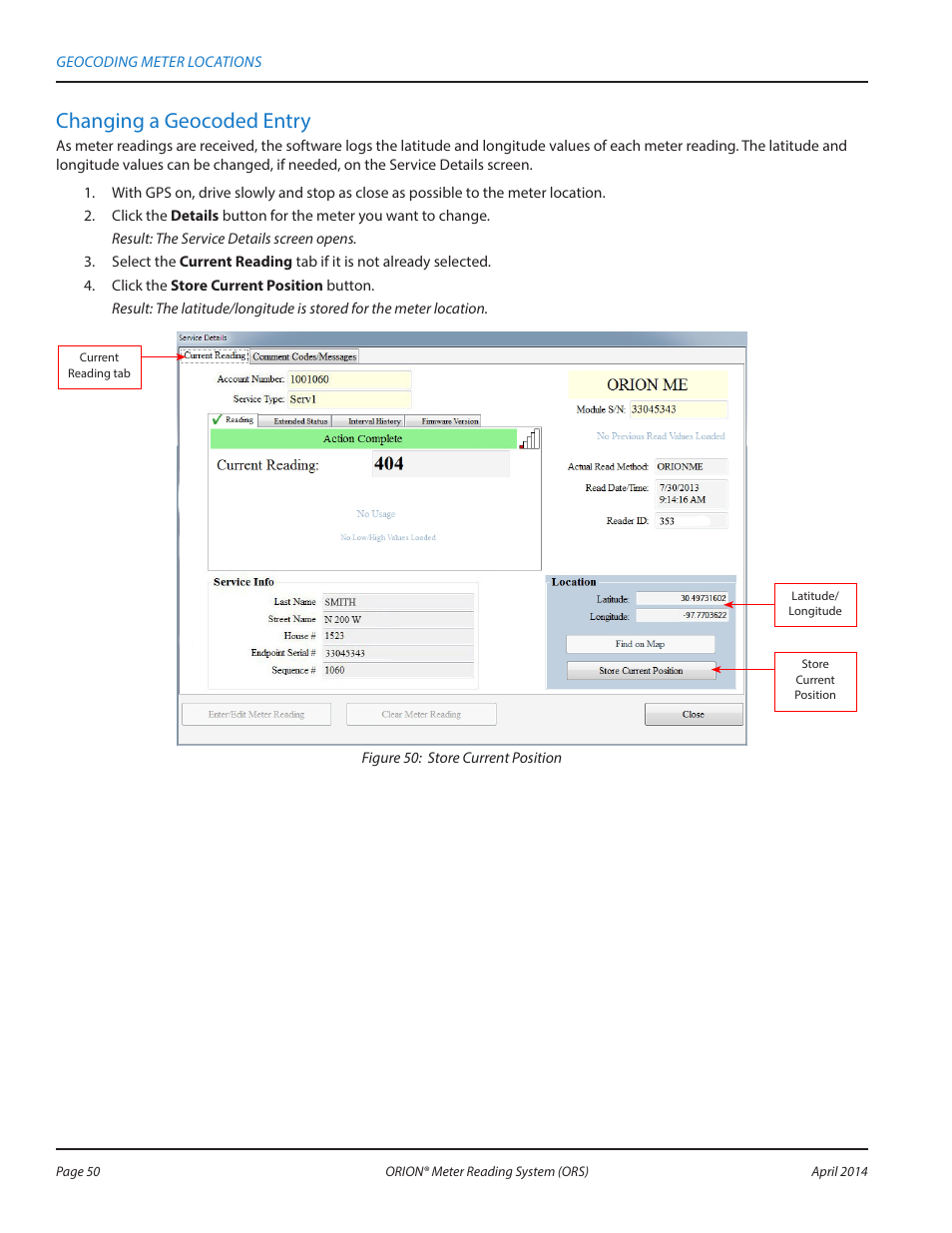 Changing a geocoded entry | Badger Meter ORION AMR/AMI Hardware Solutions for Gas Utilities User Manual | Page 50 / 72