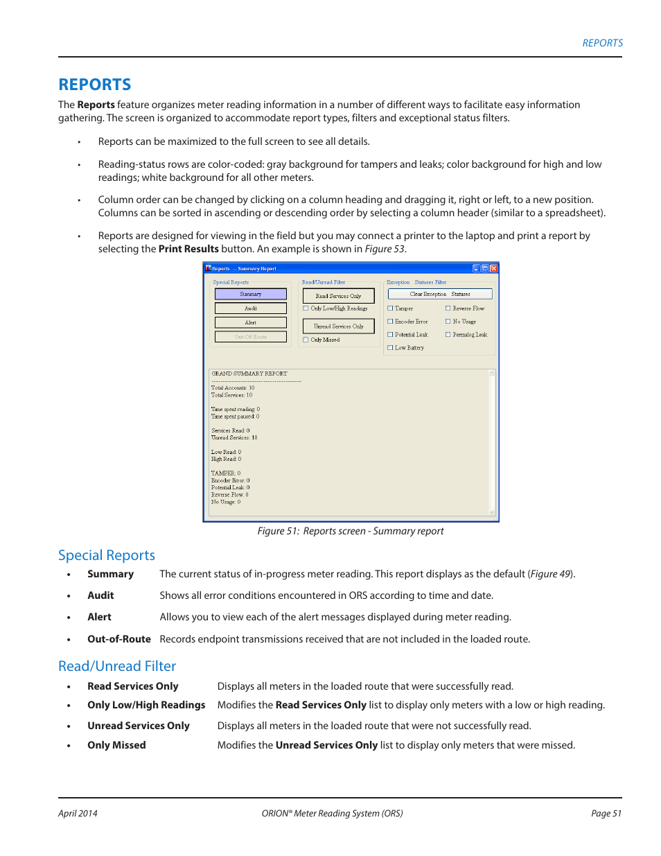 Reports, Special reports, Read/unread filter | Badger Meter ORION AMR/AMI Hardware Solutions for Gas Utilities User Manual | Page 51 / 72