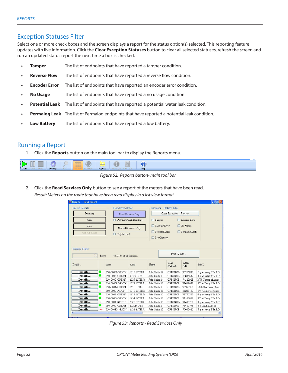 Exception statuses filter, Running a report | Badger Meter ORION AMR/AMI Hardware Solutions for Gas Utilities User Manual | Page 52 / 72