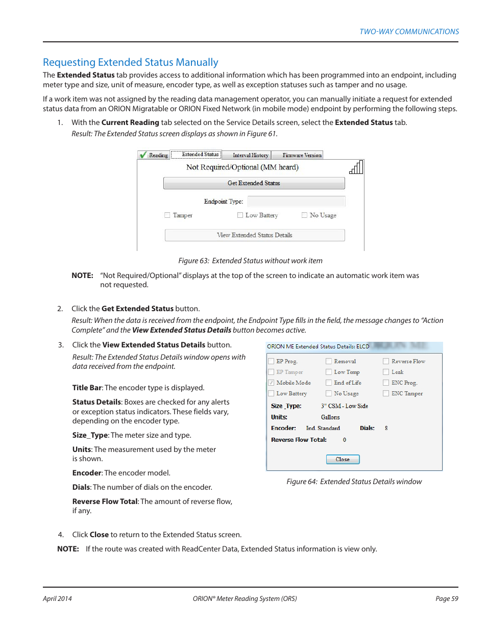 Requesting extended status manually | Badger Meter ORION AMR/AMI Hardware Solutions for Gas Utilities User Manual | Page 59 / 72
