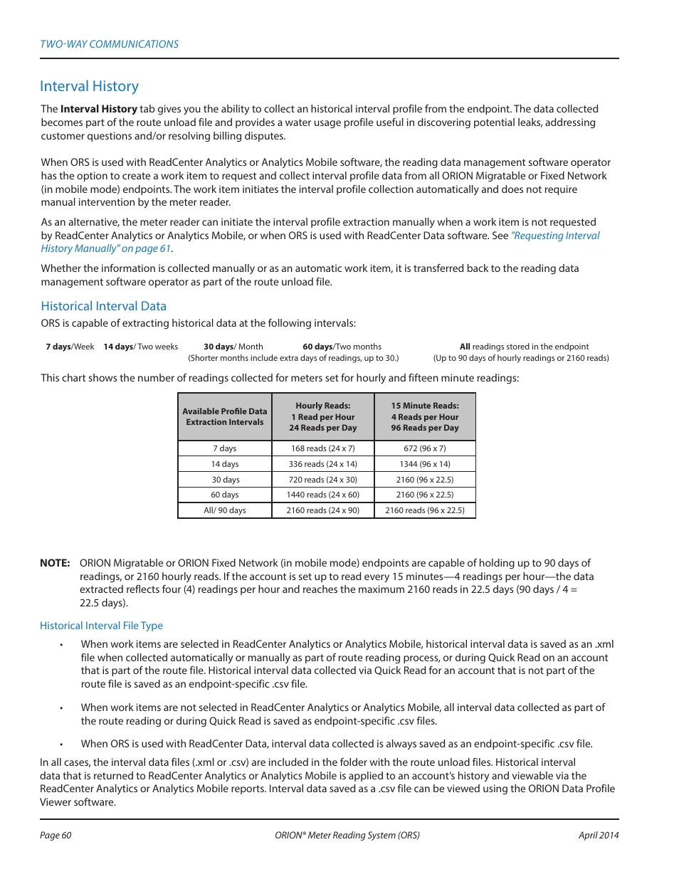 Interval history, Historical interval file, Historical interval data | Badger Meter ORION AMR/AMI Hardware Solutions for Gas Utilities User Manual | Page 60 / 72
