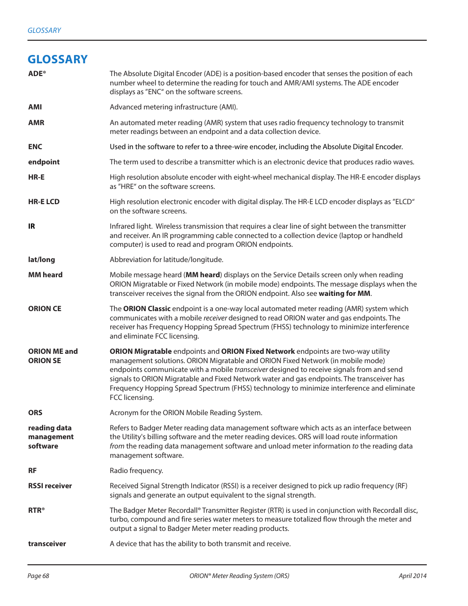 Glossary | Badger Meter ORION AMR/AMI Hardware Solutions for Gas Utilities User Manual | Page 68 / 72