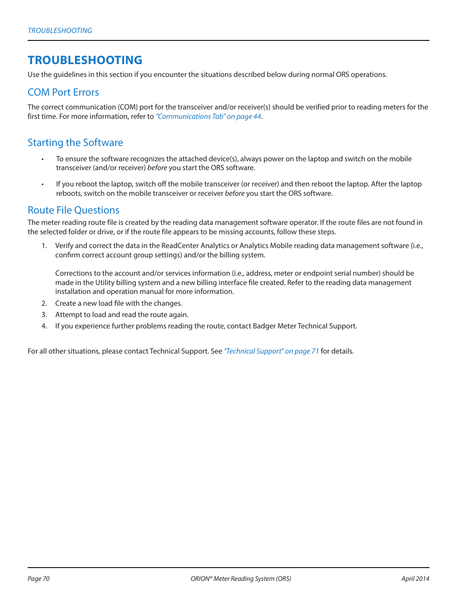 Troubleshooting, Com port errors, Starting the software | Route file questions | Badger Meter ORION AMR/AMI Hardware Solutions for Gas Utilities User Manual | Page 70 / 72