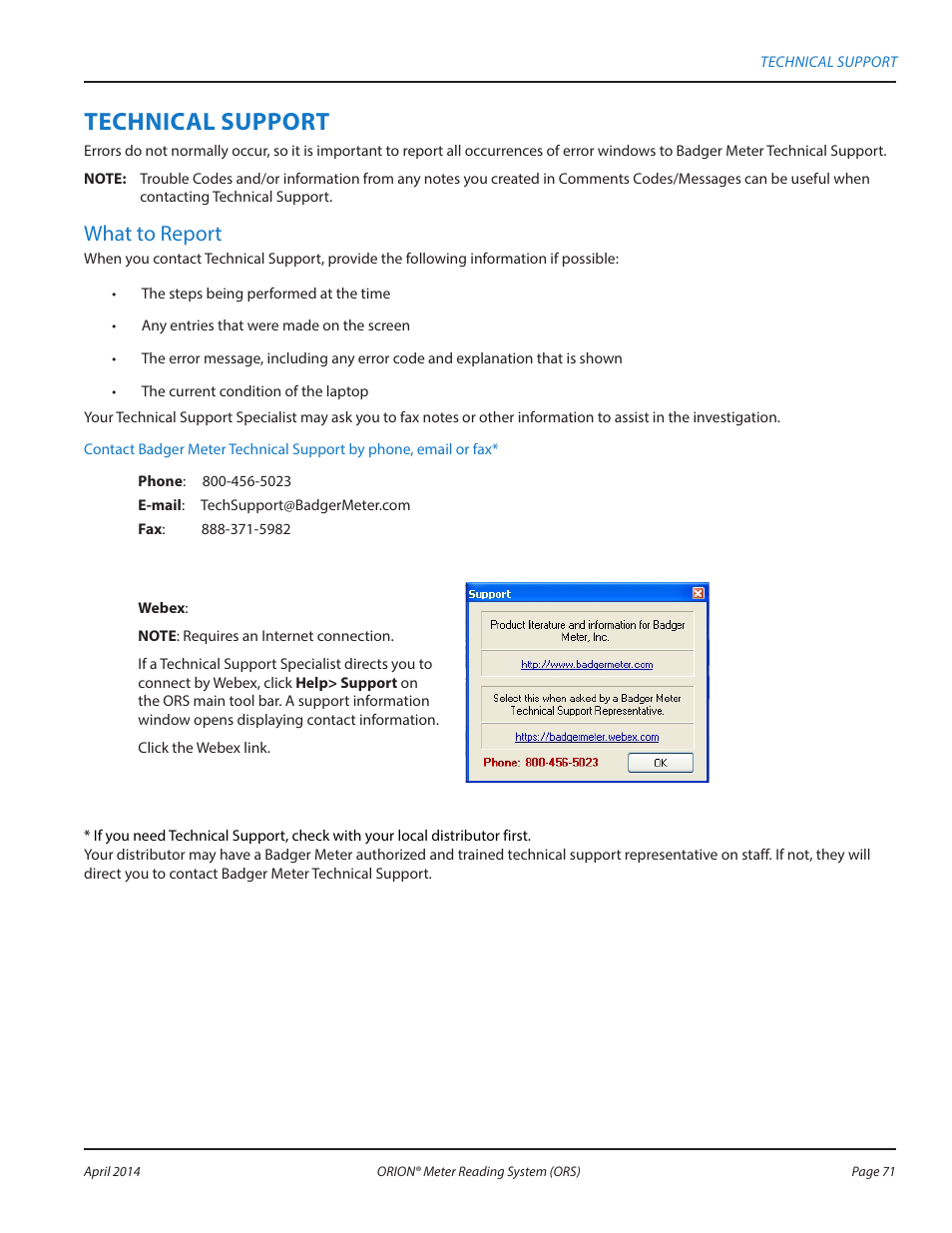 Technical support, What to report | Badger Meter ORION AMR/AMI Hardware Solutions for Gas Utilities User Manual | Page 71 / 72