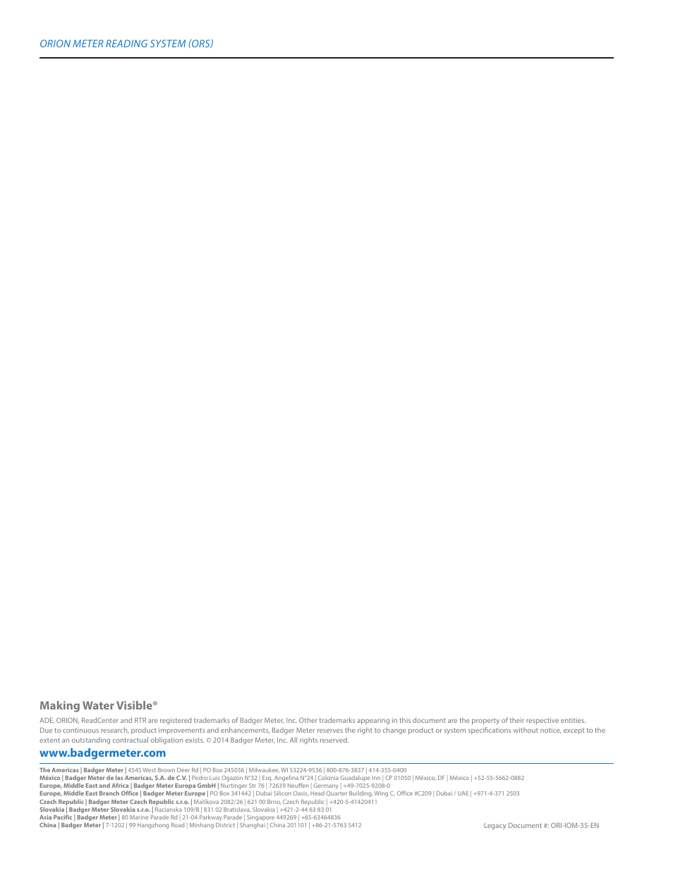 Making water visible, Orion meter reading system (ors) | Badger Meter ORION AMR/AMI Hardware Solutions for Gas Utilities User Manual | Page 72 / 72