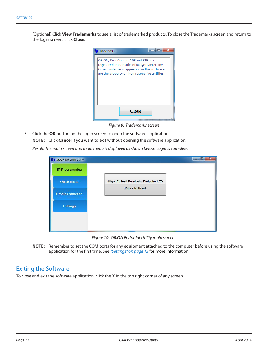 Exiting the software | Badger Meter ORION AMR/AMI Hardware Solutions for Gas Utilities User Manual | Page 12 / 60