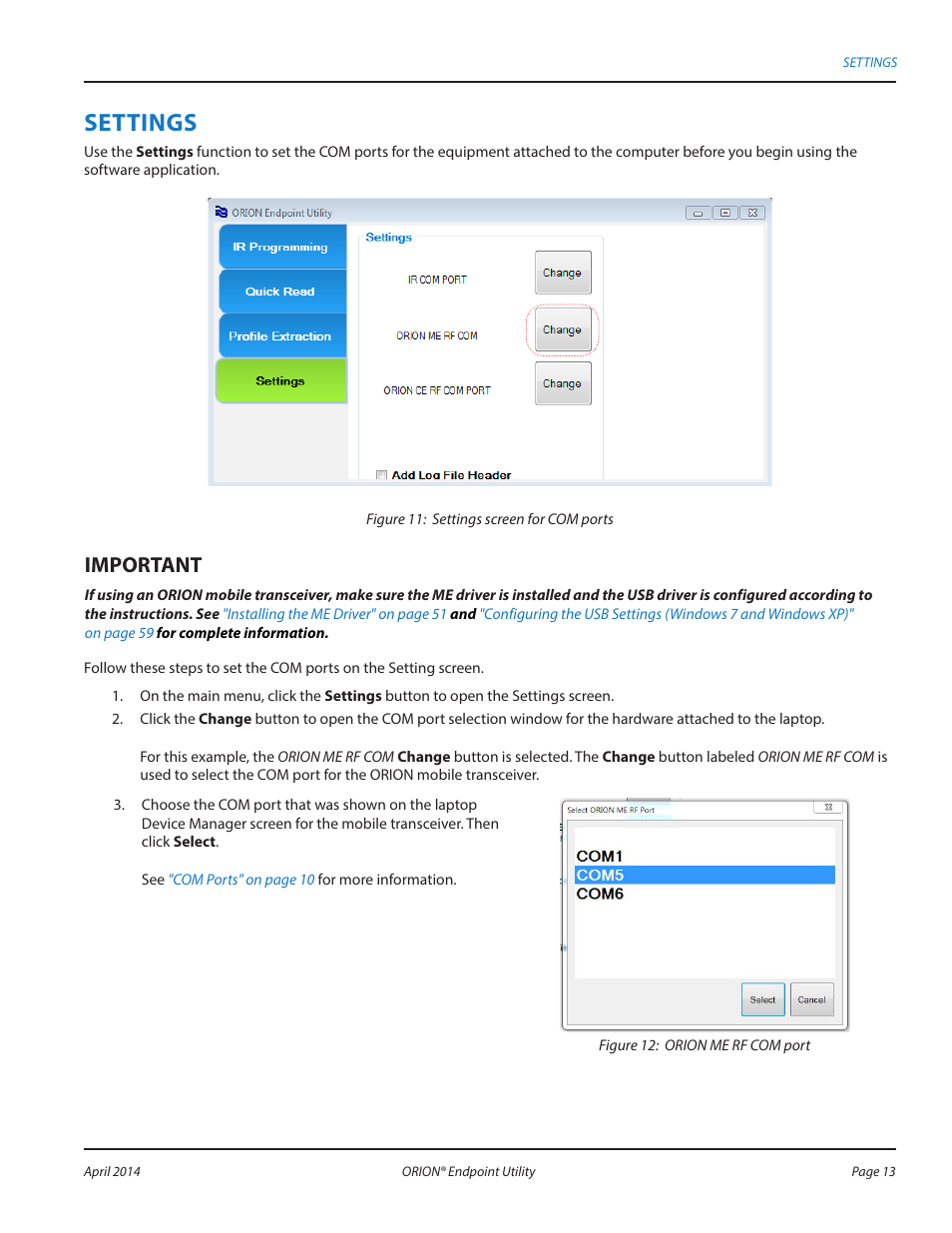 Settings, Mportant i | Badger Meter ORION AMR/AMI Hardware Solutions for Gas Utilities User Manual | Page 13 / 60