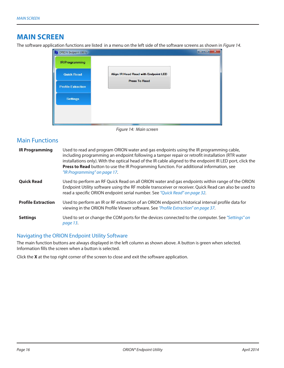 Main screen, Main functions | Badger Meter ORION AMR/AMI Hardware Solutions for Gas Utilities User Manual | Page 16 / 60