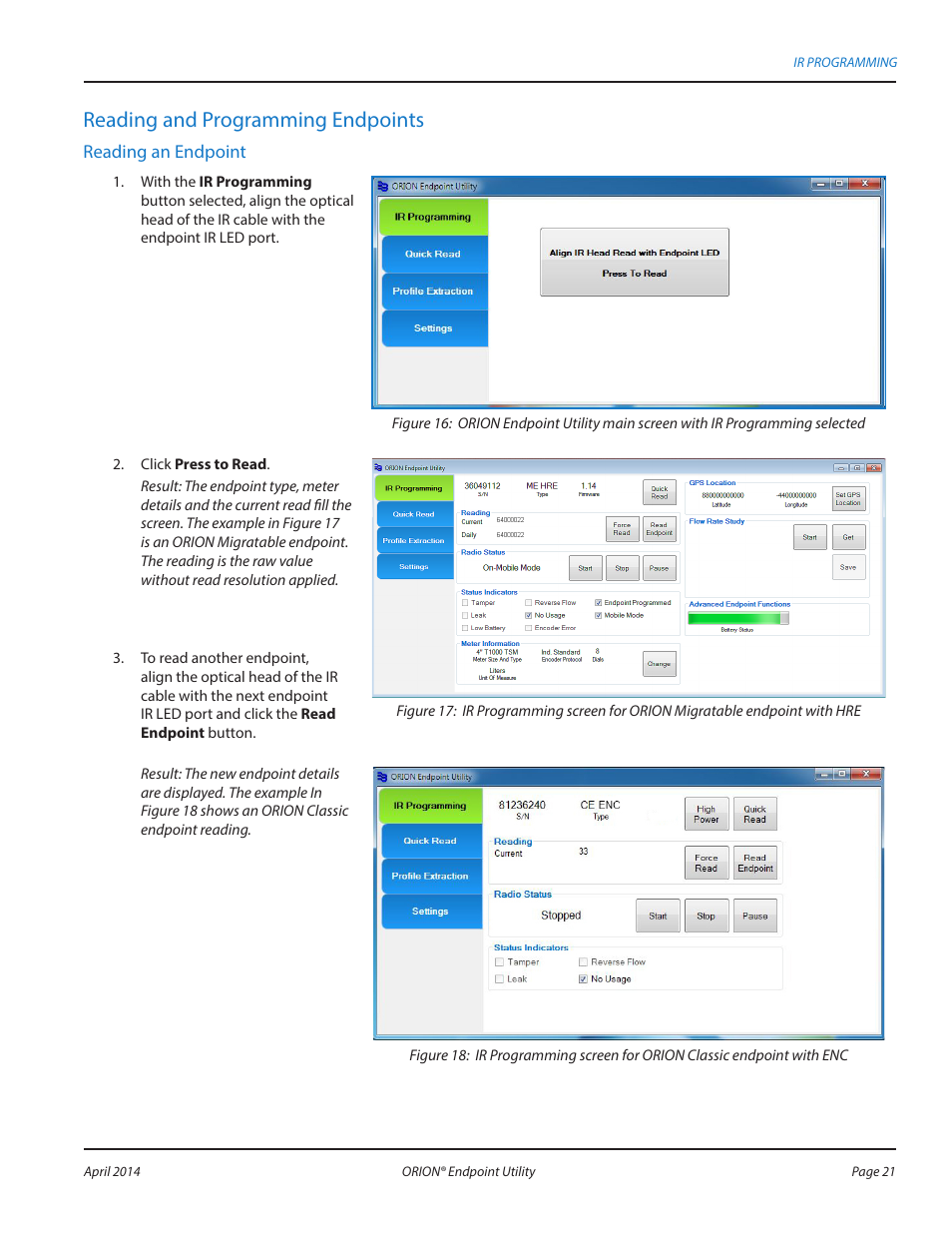 Reading and programming endpoints | Badger Meter ORION AMR/AMI Hardware Solutions for Gas Utilities User Manual | Page 21 / 60