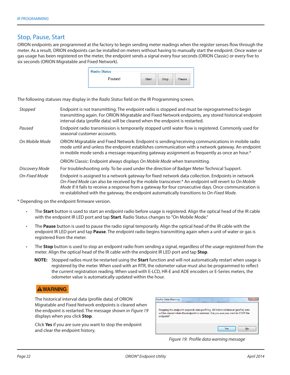 Stop, pause, start | Badger Meter ORION AMR/AMI Hardware Solutions for Gas Utilities User Manual | Page 22 / 60