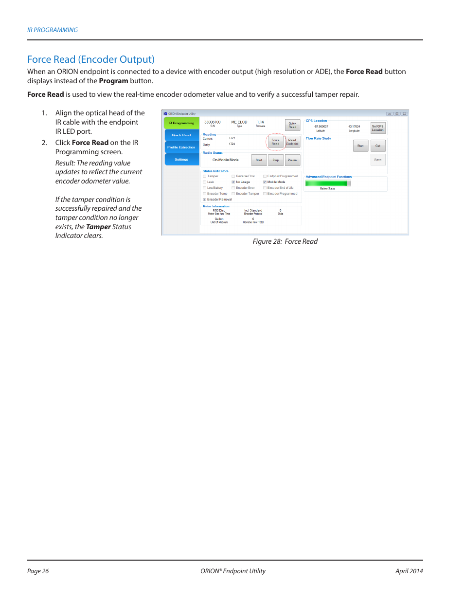 Force read (hr-e lcd, hr-e, ade), Force read (encoder output) | Badger Meter ORION AMR/AMI Hardware Solutions for Gas Utilities User Manual | Page 26 / 60