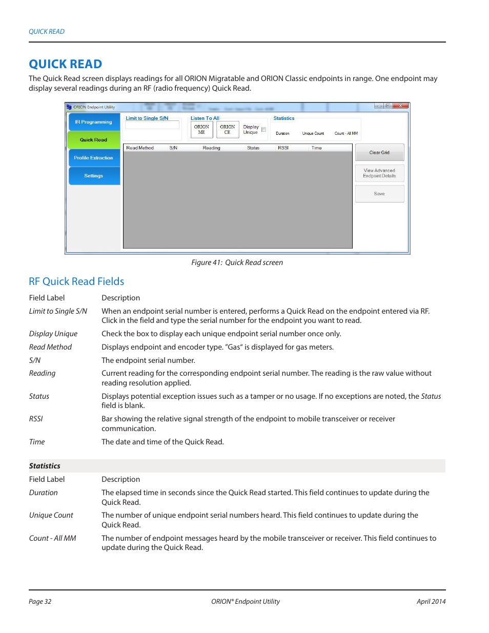 Quick read, Rf quick read fields | Badger Meter ORION AMR/AMI Hardware Solutions for Gas Utilities User Manual | Page 32 / 60