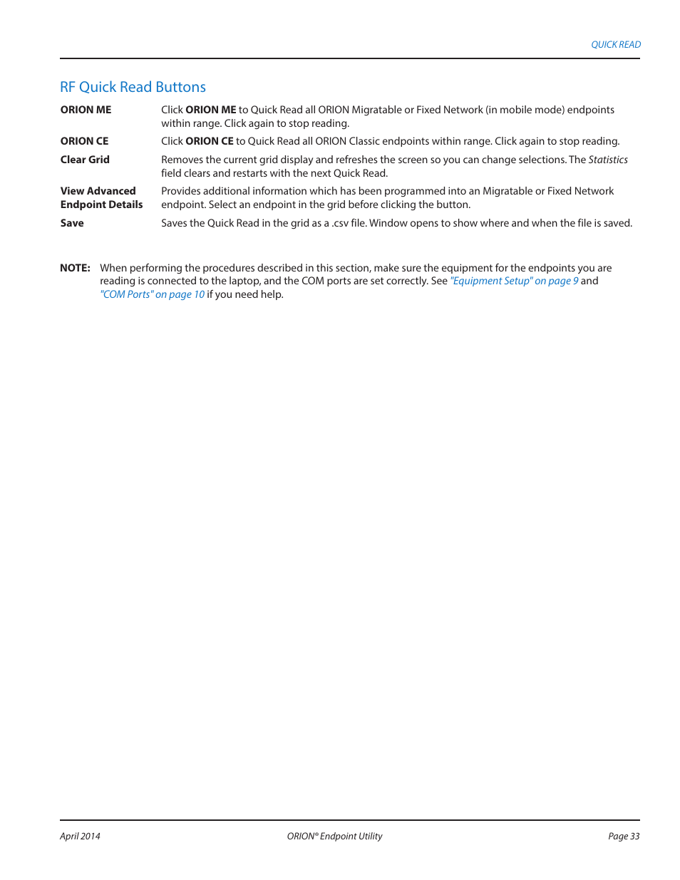 Rf quick read buttons | Badger Meter ORION AMR/AMI Hardware Solutions for Gas Utilities User Manual | Page 33 / 60