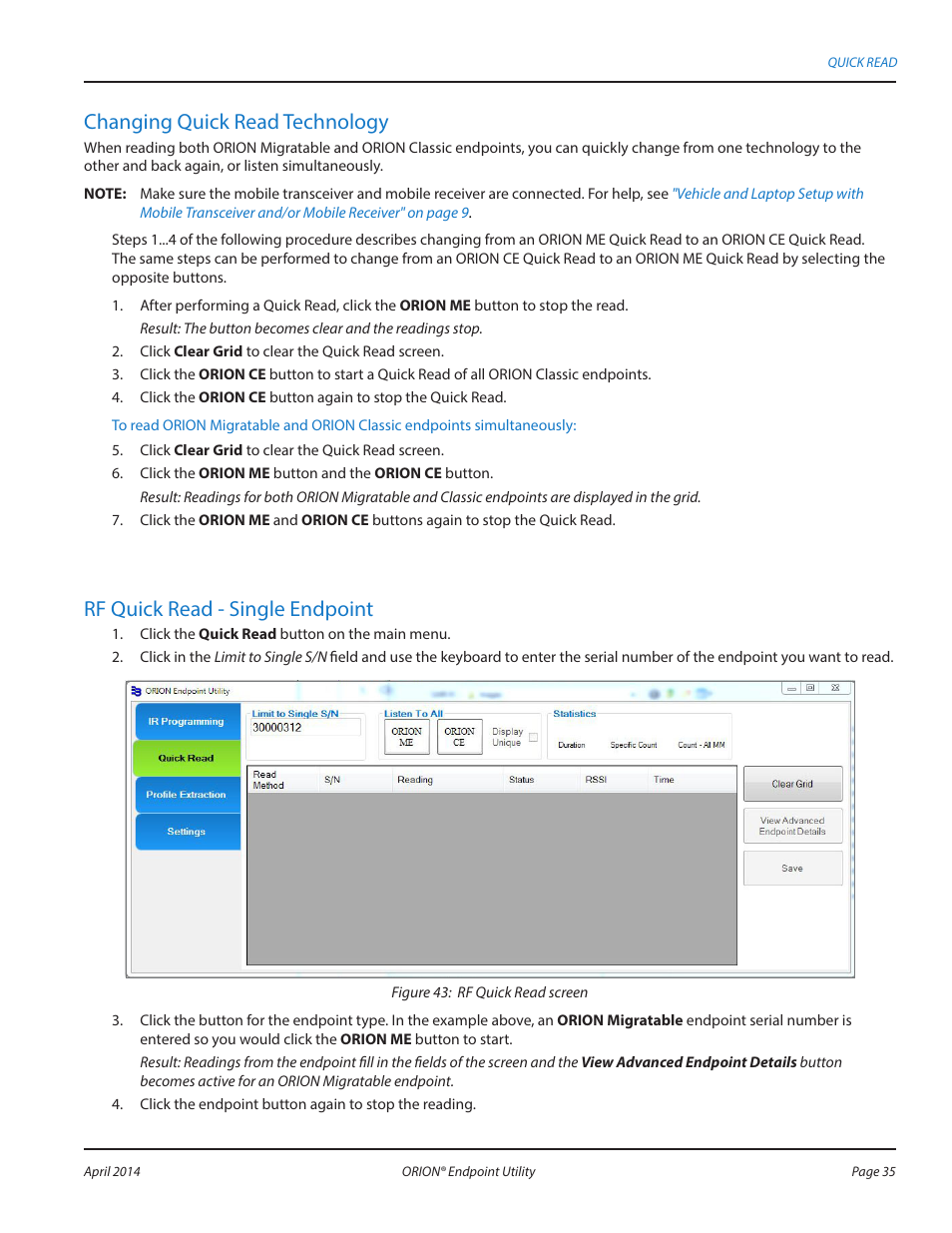 Changing quick read technology, Rf quick read - single endpoint | Badger Meter ORION AMR/AMI Hardware Solutions for Gas Utilities User Manual | Page 35 / 60