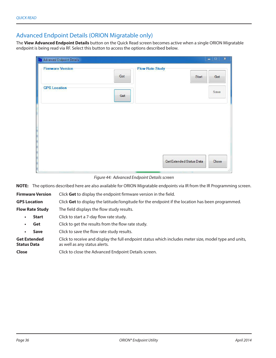Advanced endpoint details (orion me only), Advanced endpoint details (orion migratable only) | Badger Meter ORION AMR/AMI Hardware Solutions for Gas Utilities User Manual | Page 36 / 60