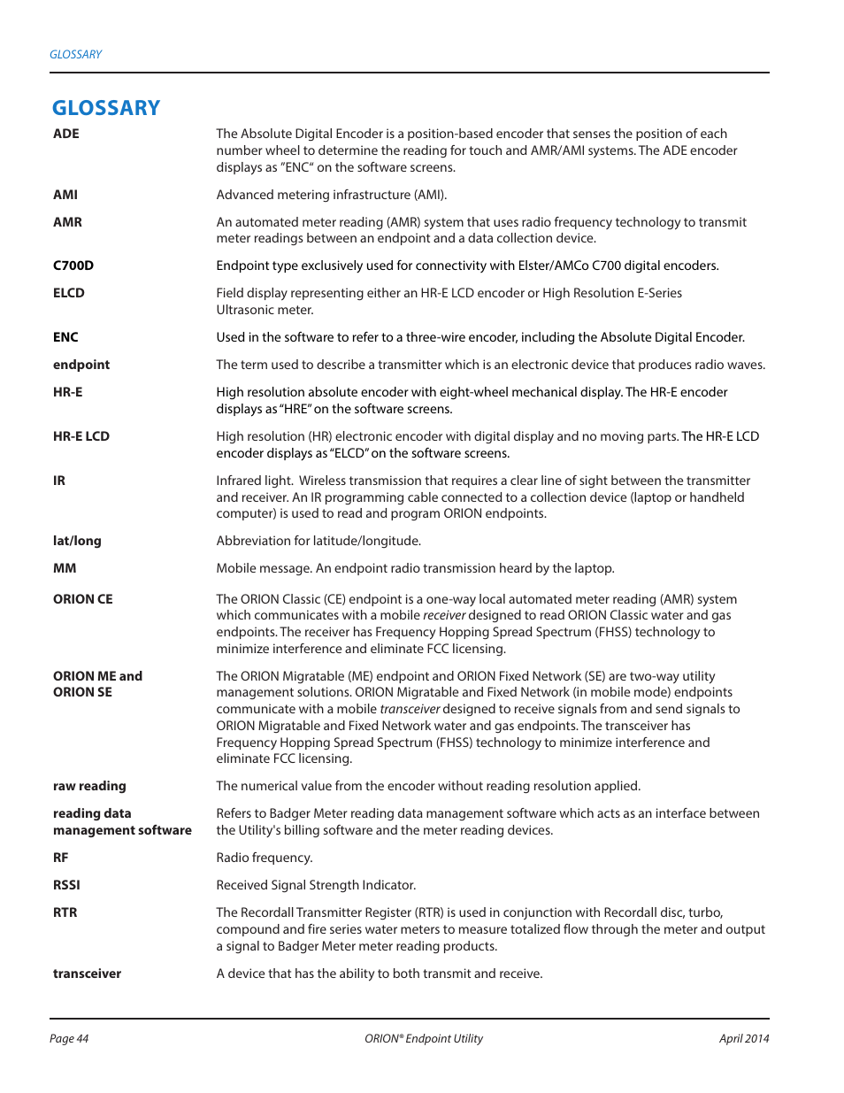 Glossary | Badger Meter ORION AMR/AMI Hardware Solutions for Gas Utilities User Manual | Page 44 / 60