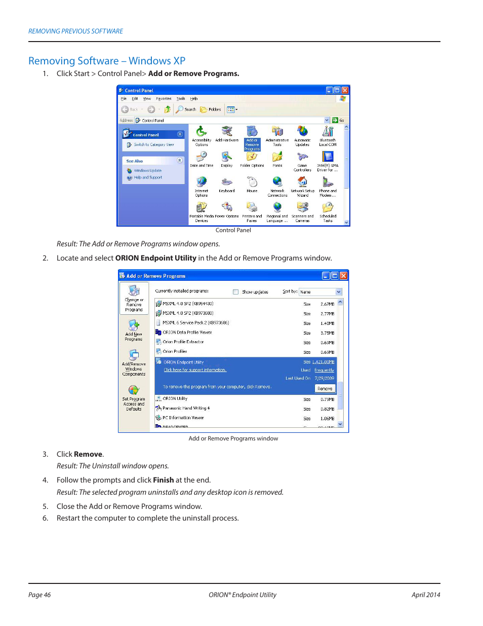 Removing software – windows xp | Badger Meter ORION AMR/AMI Hardware Solutions for Gas Utilities User Manual | Page 46 / 60
