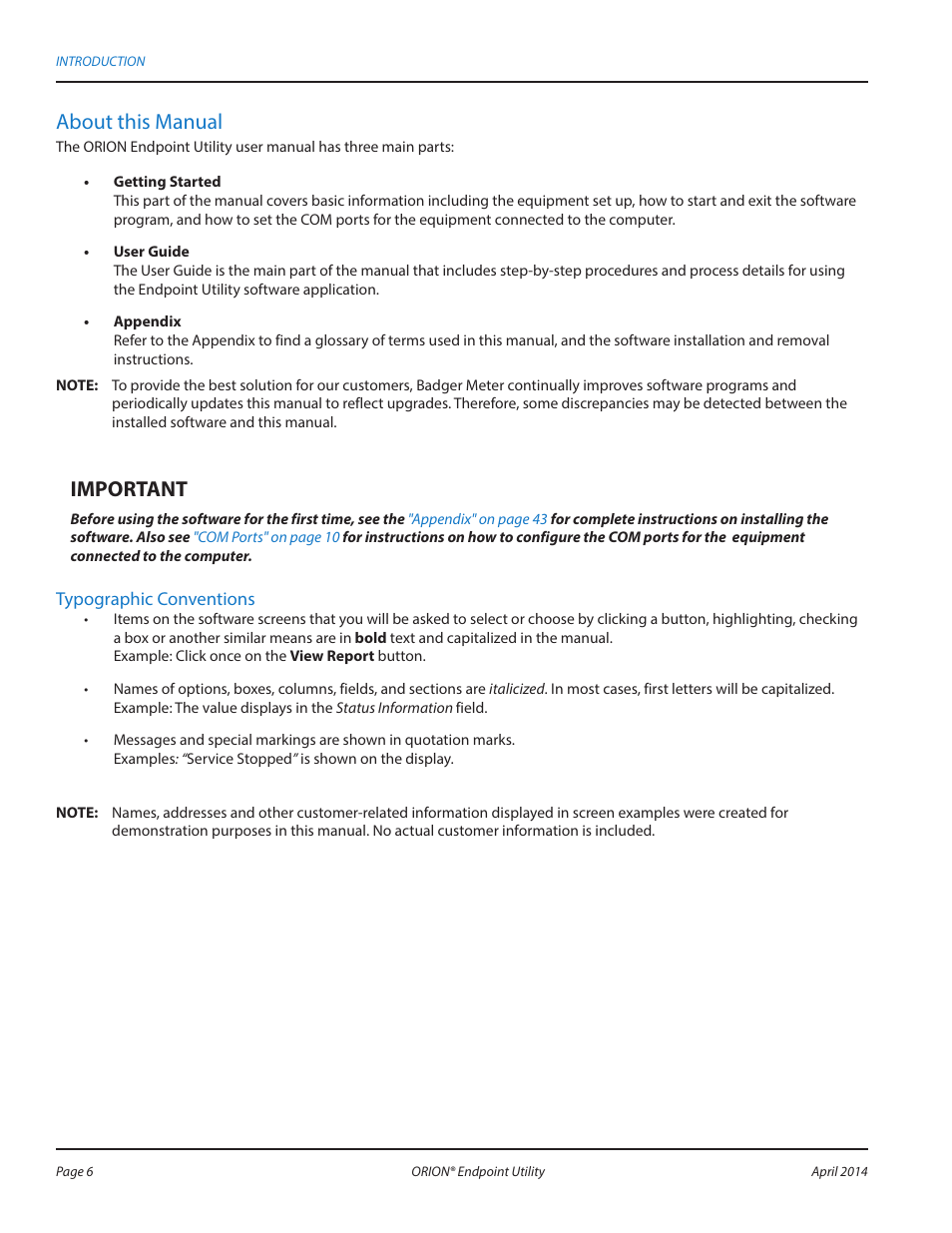 About this manual, Mportant i | Badger Meter ORION AMR/AMI Hardware Solutions for Gas Utilities User Manual | Page 6 / 60