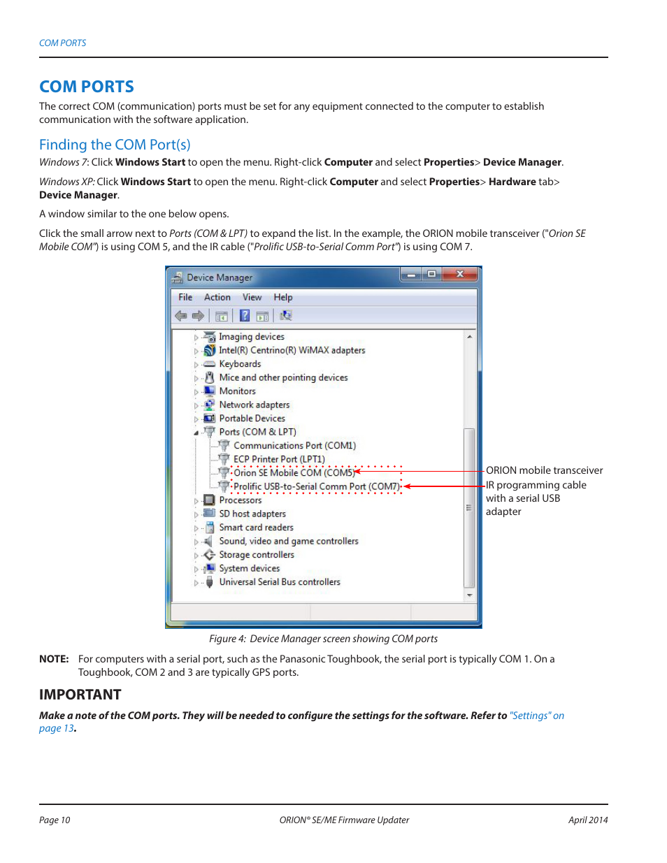 Com ports, Finding the com port(s), Mportant i | Badger Meter ORION AMR/AMI Hardware Solutions for Gas Utilities User Manual | Page 10 / 48