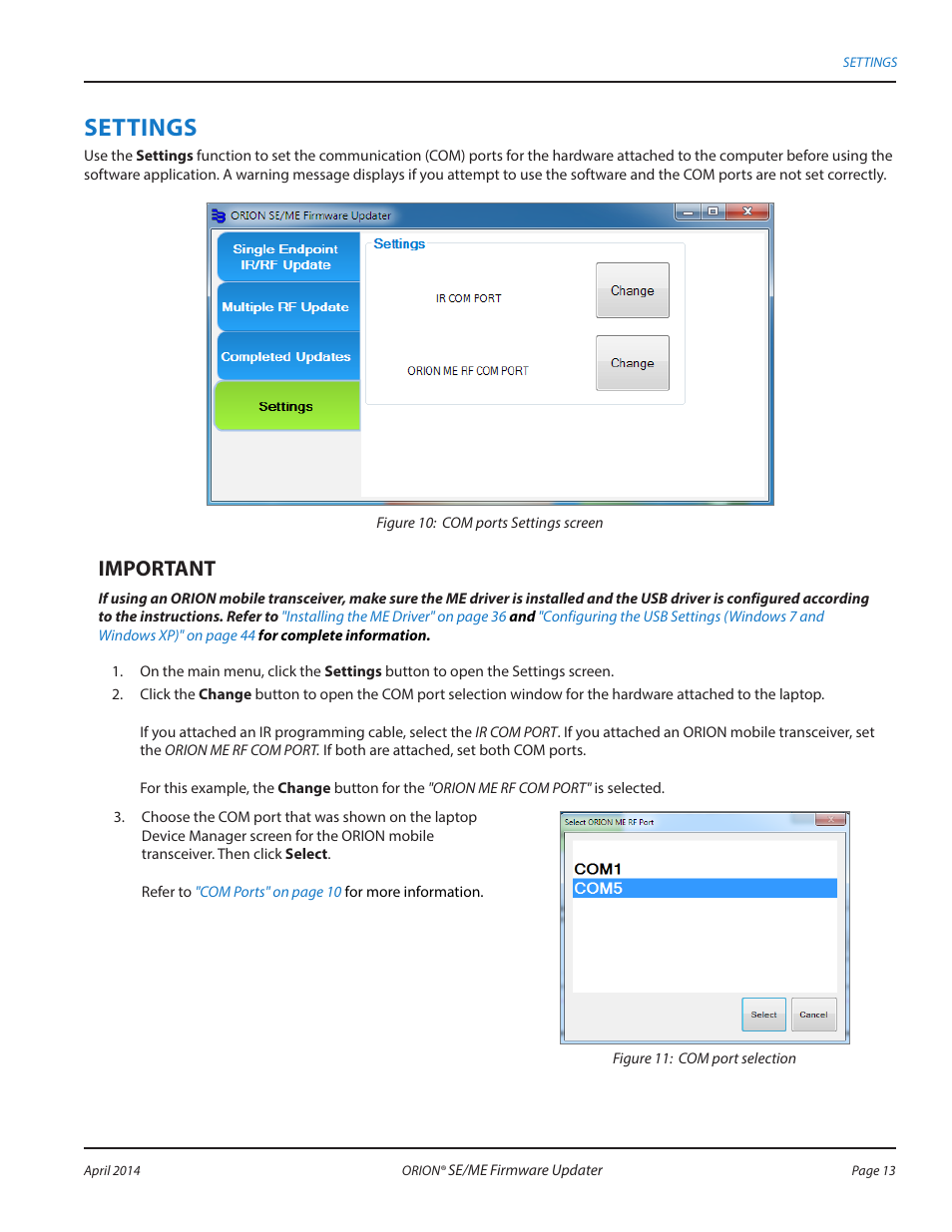 Settings, Mportant i | Badger Meter ORION AMR/AMI Hardware Solutions for Gas Utilities User Manual | Page 13 / 48