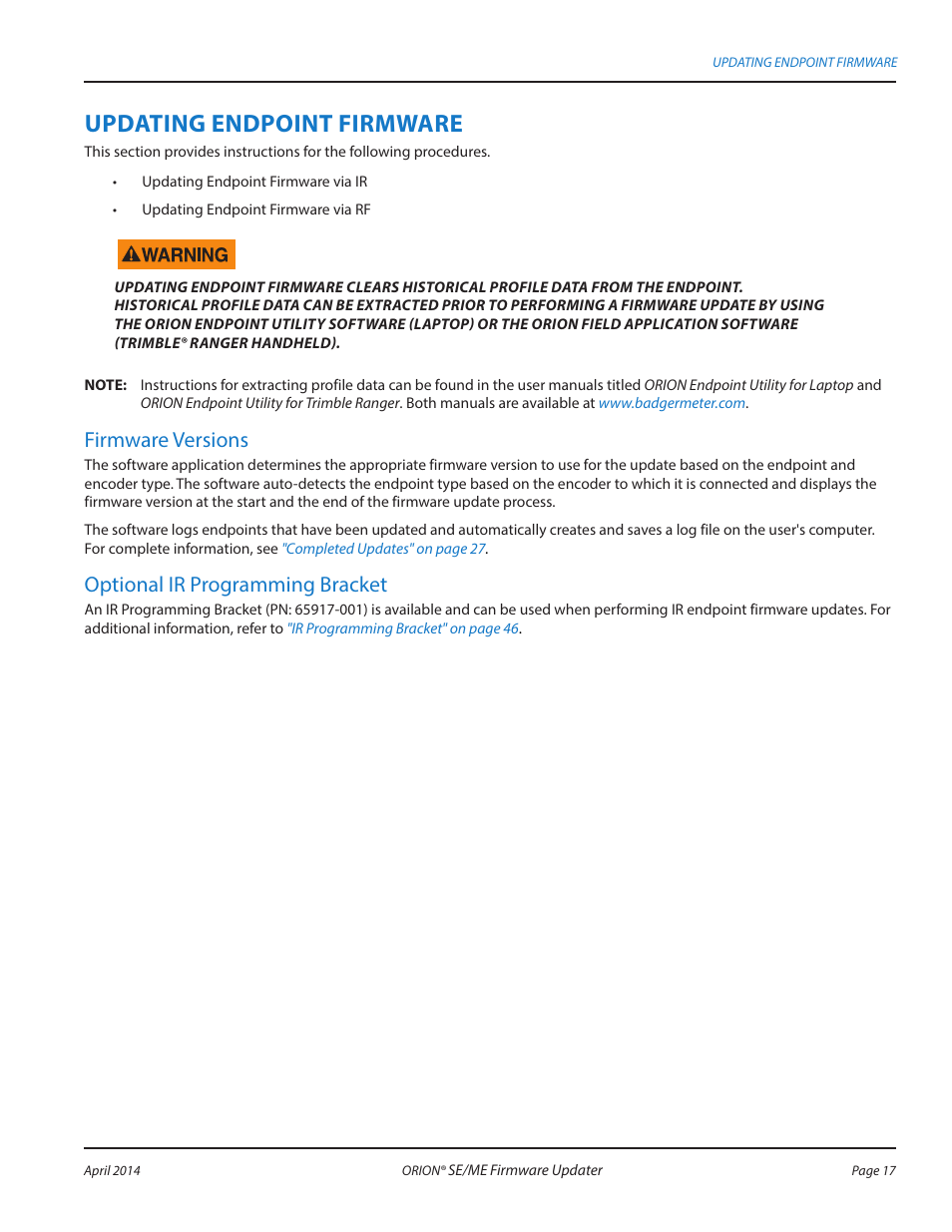 Updating endpoint firmware, Firmware versions, Optional ir programming bracket | Badger Meter ORION AMR/AMI Hardware Solutions for Gas Utilities User Manual | Page 17 / 48