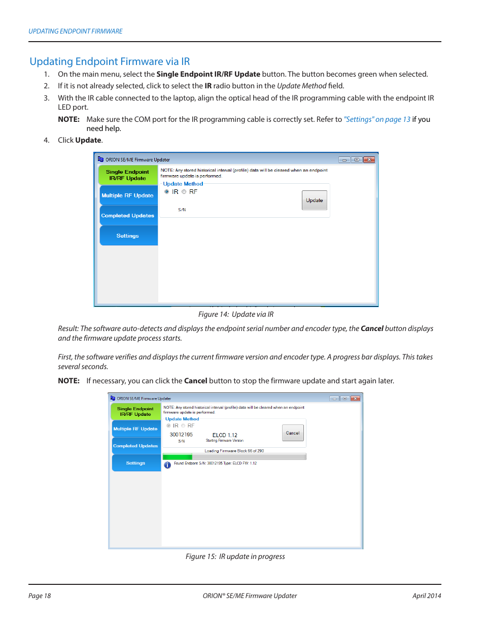 Updating endpoint firmware via ir | Badger Meter ORION AMR/AMI Hardware Solutions for Gas Utilities User Manual | Page 18 / 48