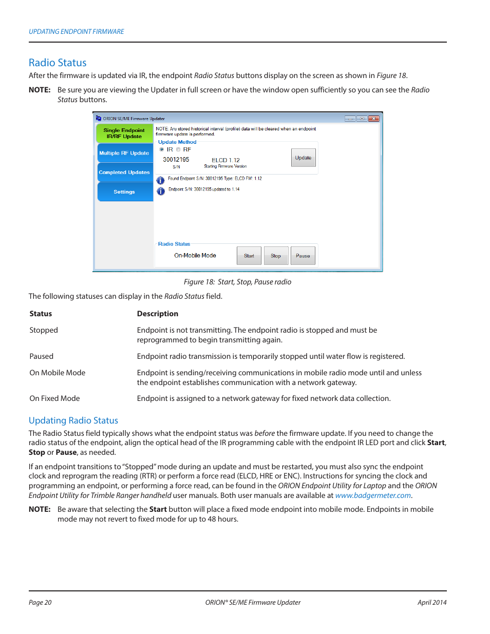 Radio status | Badger Meter ORION AMR/AMI Hardware Solutions for Gas Utilities User Manual | Page 20 / 48