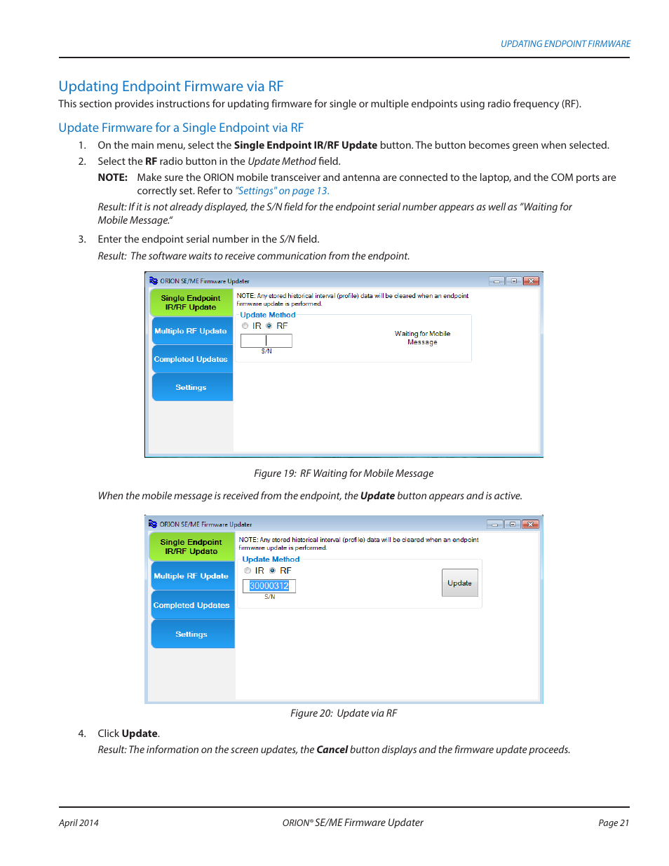 Updating endpoint firmware via rf | Badger Meter ORION AMR/AMI Hardware Solutions for Gas Utilities User Manual | Page 21 / 48